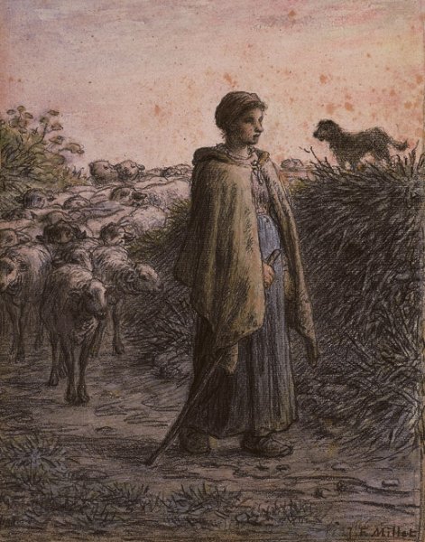 A sherpherdess with her flock, a dog on a bank to the right